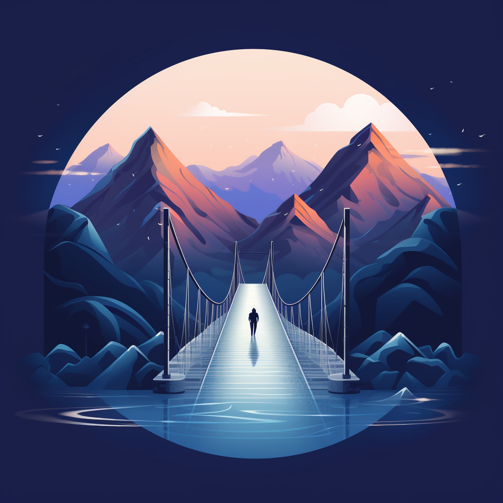 An engaging illustration of a bridge connecting two mountain peaks, showcasing UI Devs as a bridge between traditional web development and the cutting-edge technologies we embrace. The bridge represents trust and reliability, highlighting our commitment to delivering dependable and forward-looking solutions.