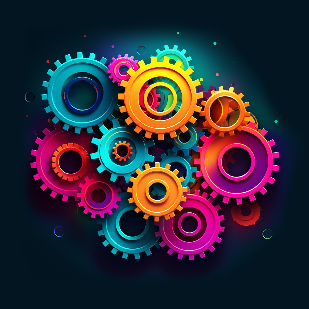 A dynamic visual depicting a group of interconnected gears and cogs in vibrant colors, symbolizing the collaborative and innovative nature of UI Devs. The gears represent the diverse expertise of our team members, working in harmony to drive digital solutions forward.