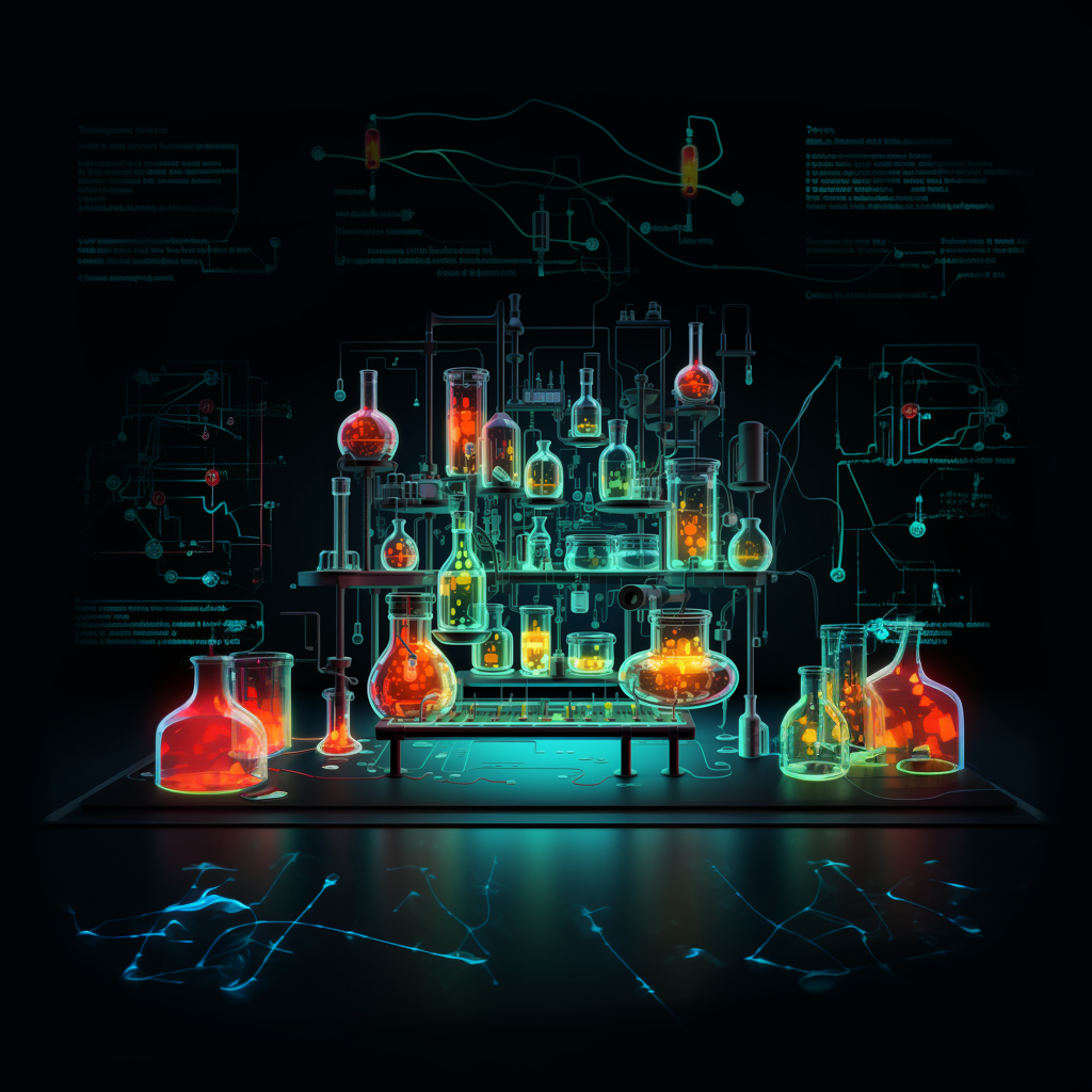 An artistic representation of a laboratory with digital elements.