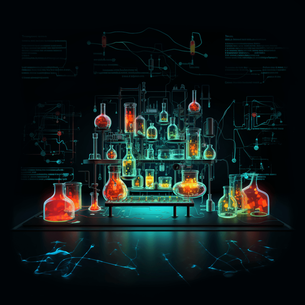 An artistic representation of a laboratory with digital elements.